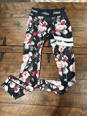 STRONGER Black Floral Performance Leggings with Pink Flowers